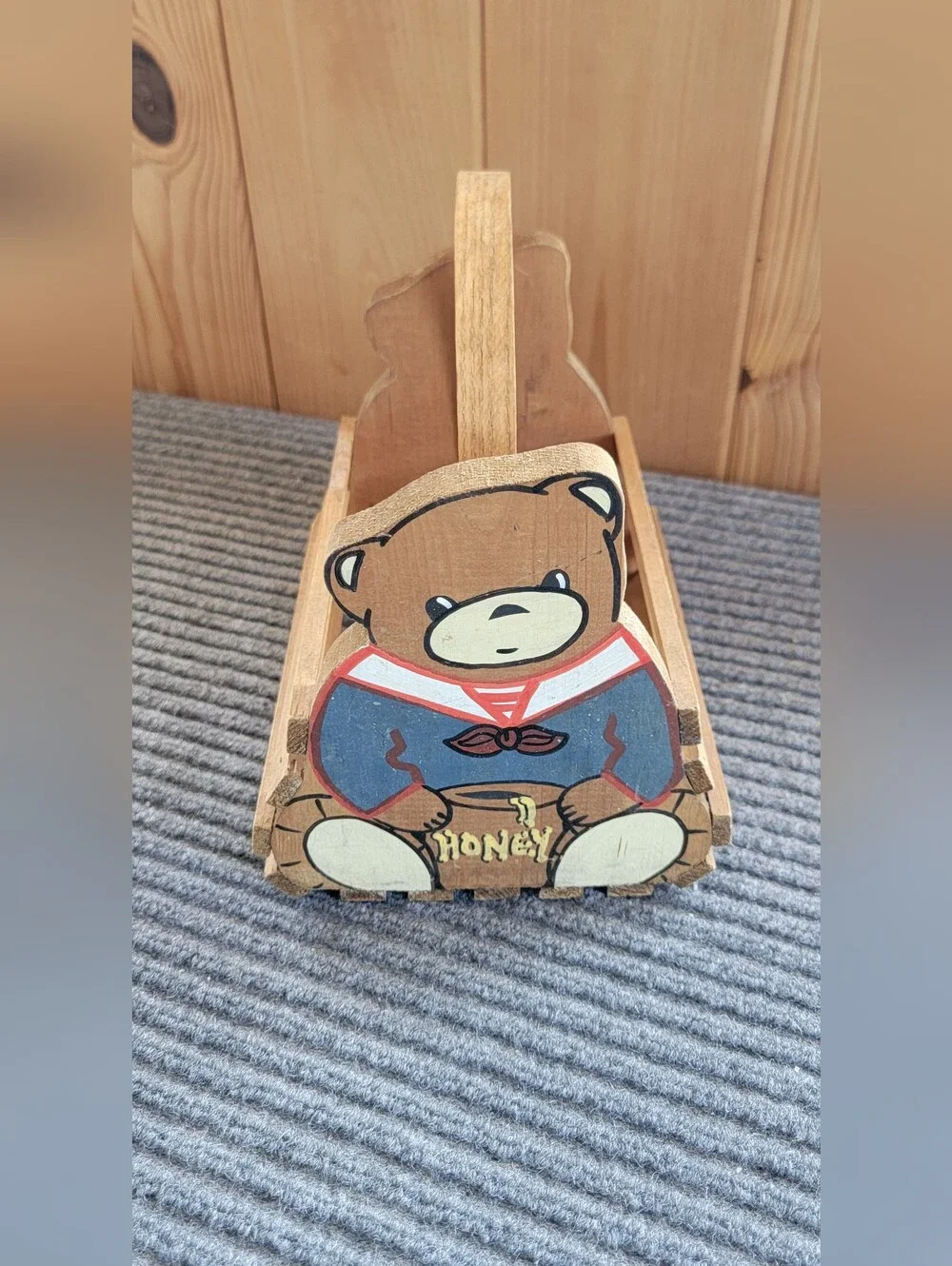 Vintage 1980s Wooden Teddy Bear Basket